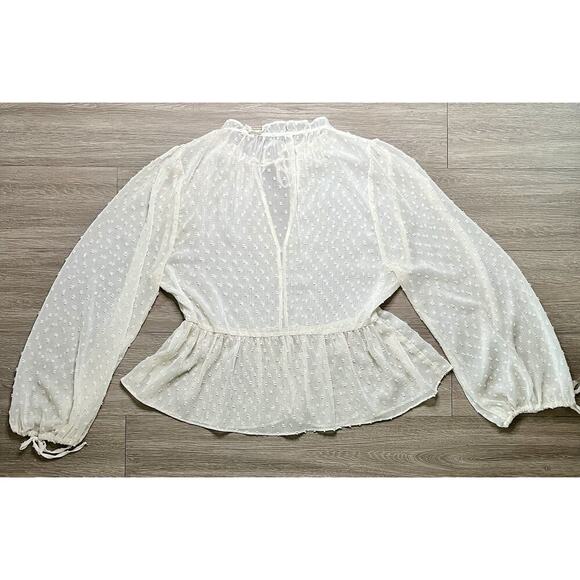 ZARA Woman Sheer Dobby Dot Blouse Long Sleeve Peasant Top Ivory White Size L - Picture 4 of 9